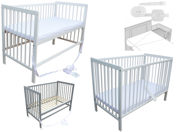 Kinderbett - Beistellbett - Babybett 120x60cm mit Matratze, Gurt und Rädern grau